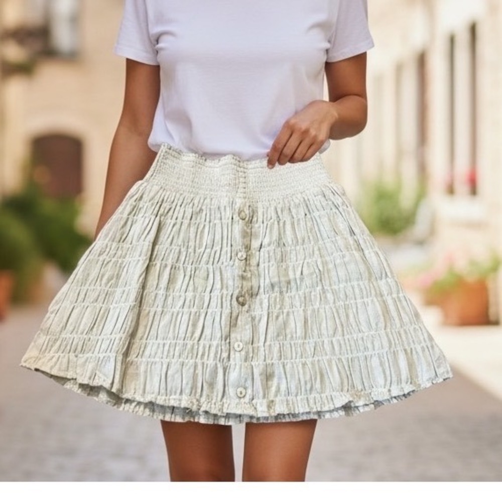 Forever 21 Smocked Button Front Mini Skirt Sage Green Cottagecore Peasant Fairy